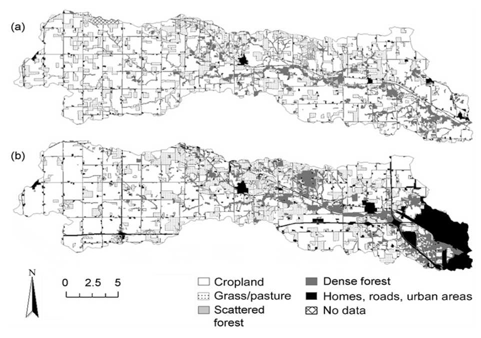 Land cover of the Clear Creek watershed in east-central Iowa, USA, for (a) 1940 and (b) 2002 (Rayburn and Schulte, 2009)